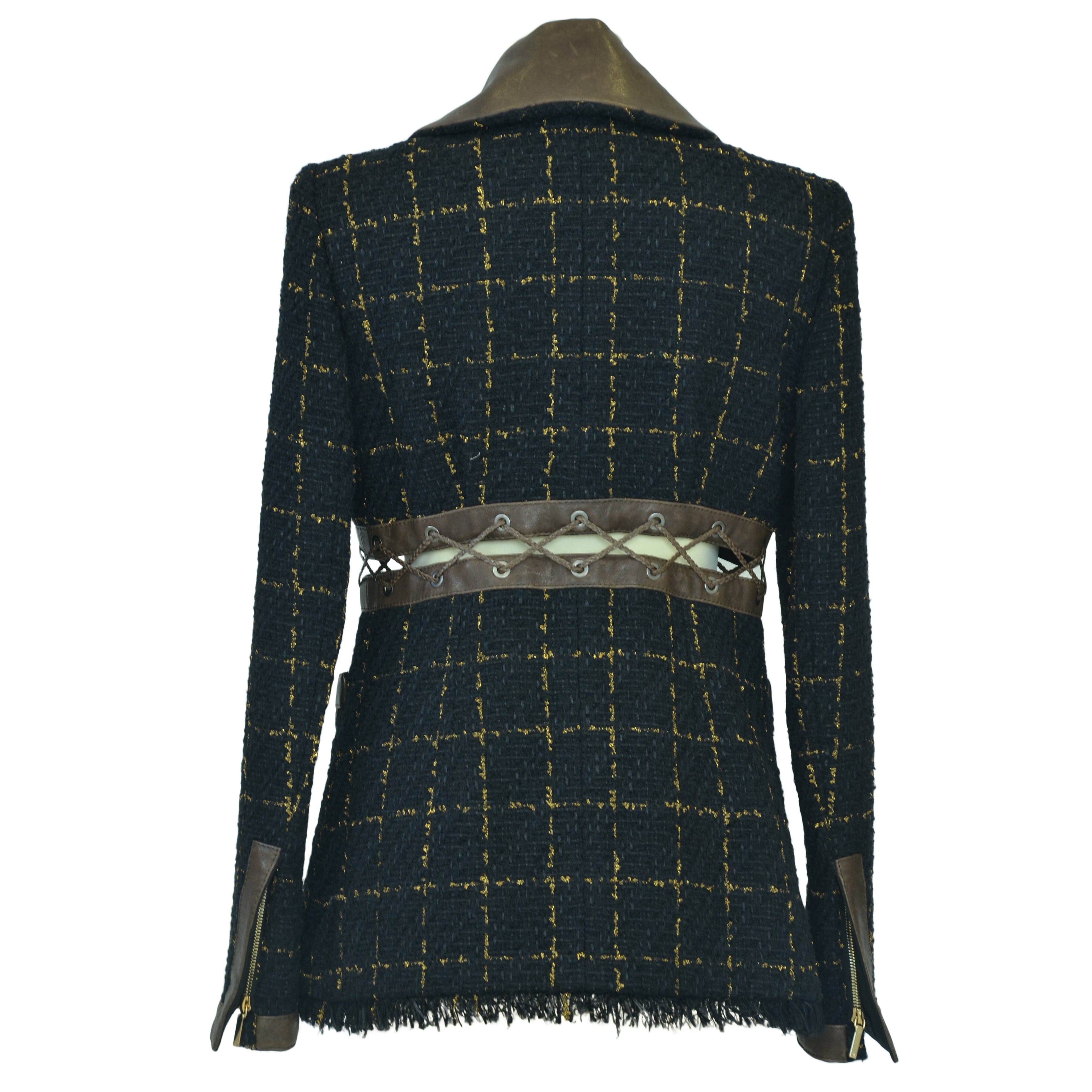 Black/Gold Fantasy Tweed Jacket with Leather Trims