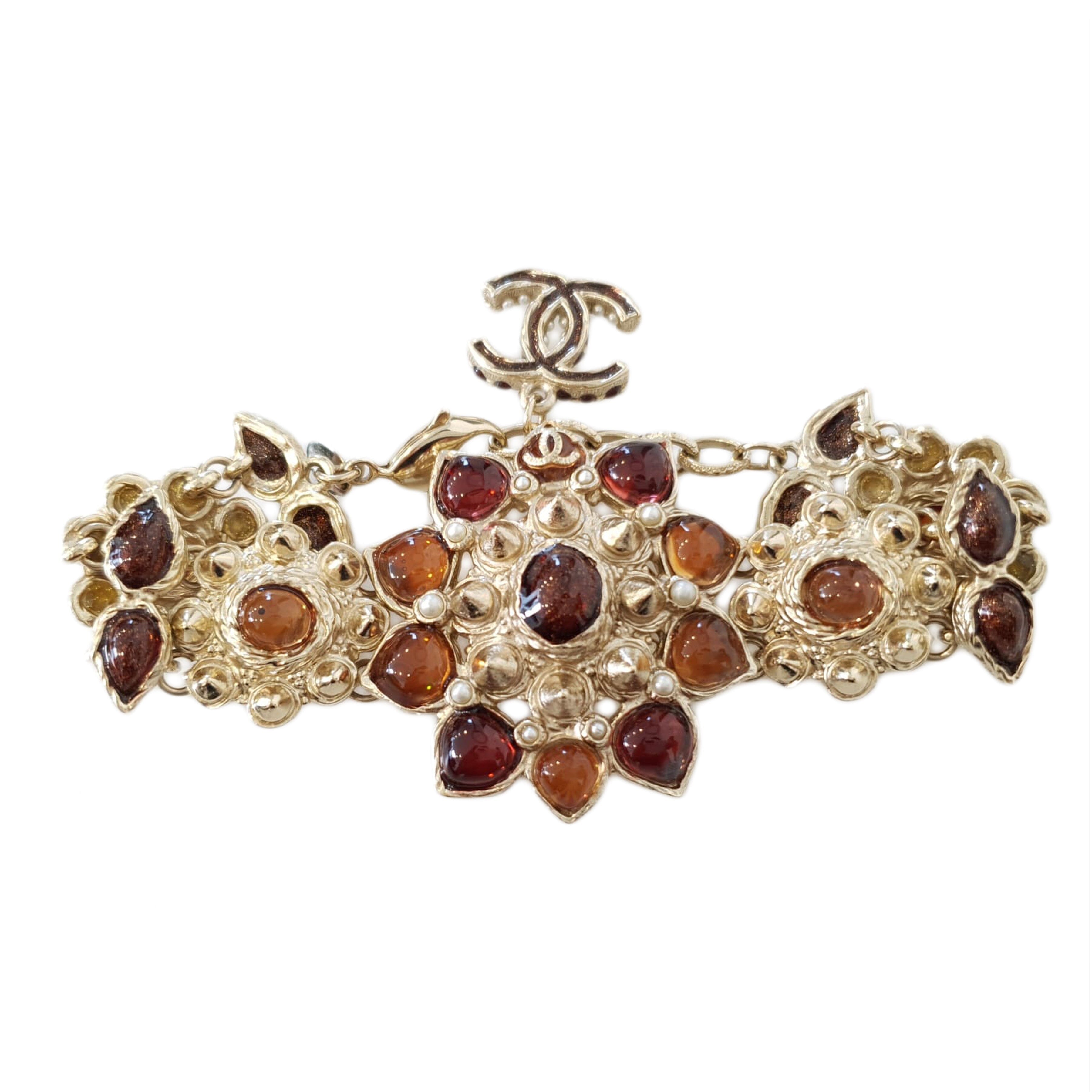 Chanel Gold Multiple Flower Design with Stones Pearl CC Bracelet