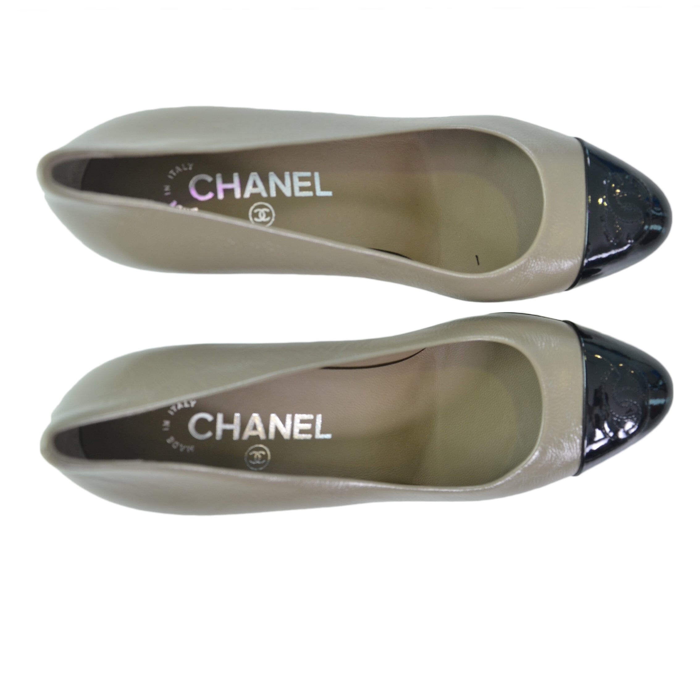 Chanel Grey Leather Black Patent CC Cap Toe Pumps