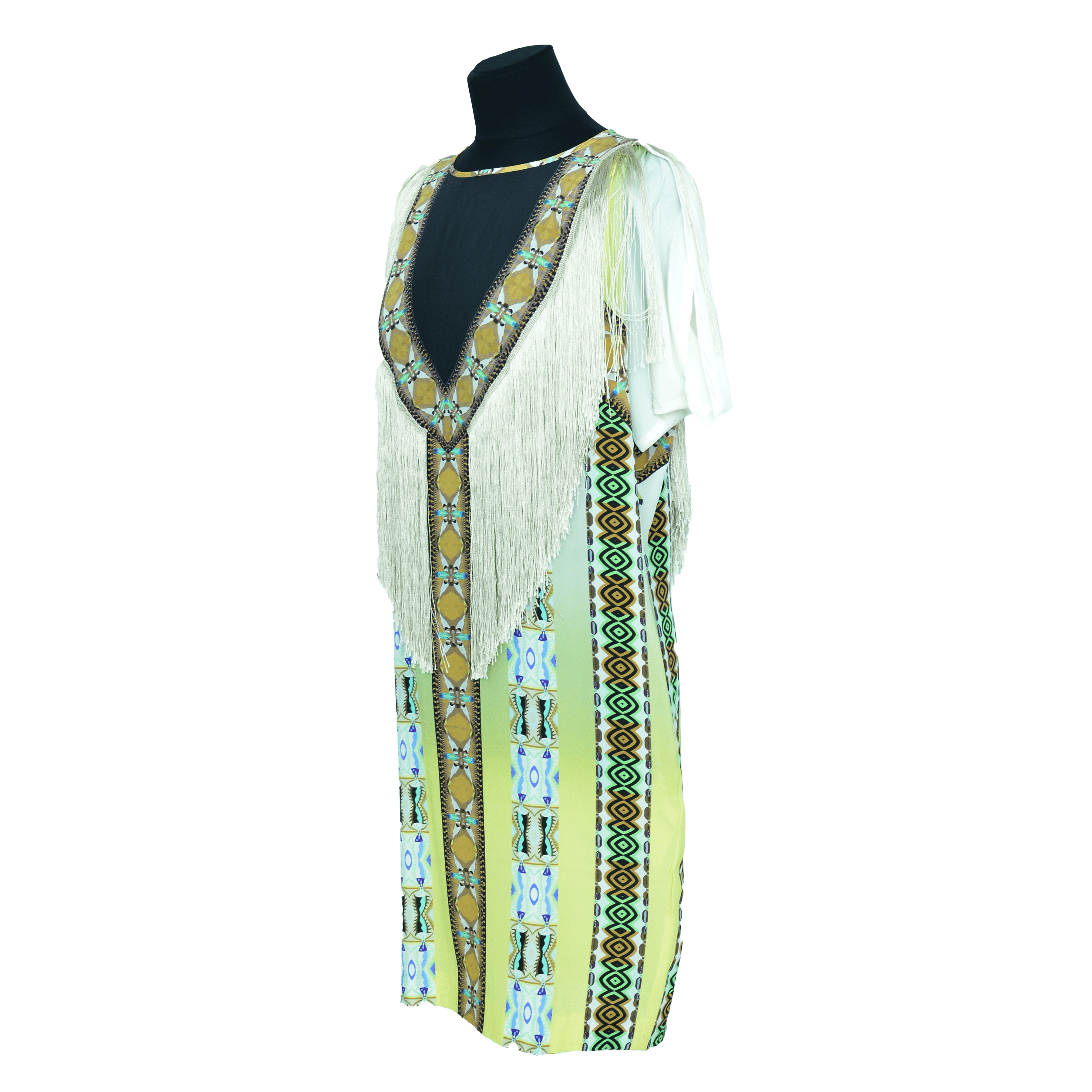 Multicolor Printed Fringe Short Sleeve Dress