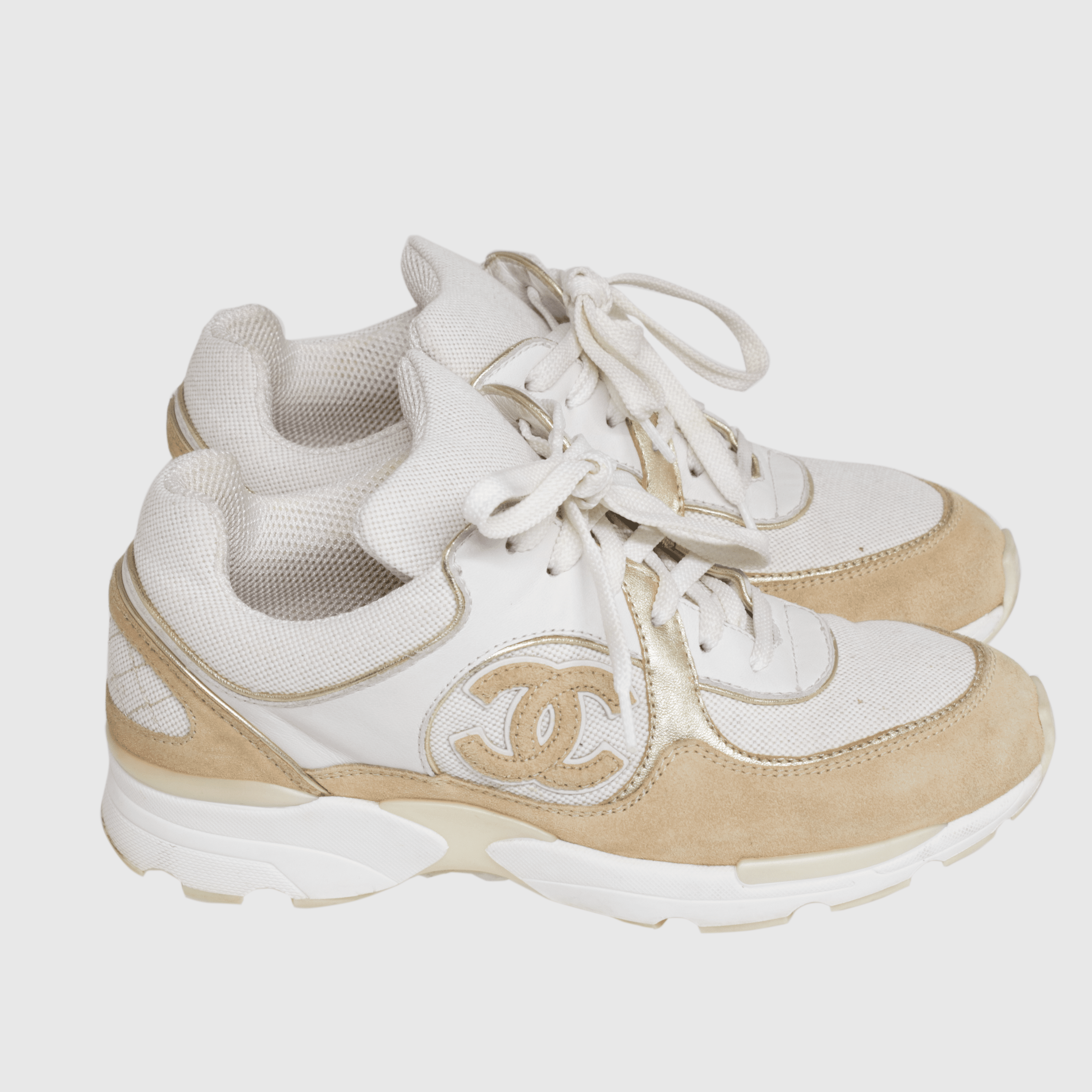 White/Beige Canvas CC Logo Lace Up Sneakers