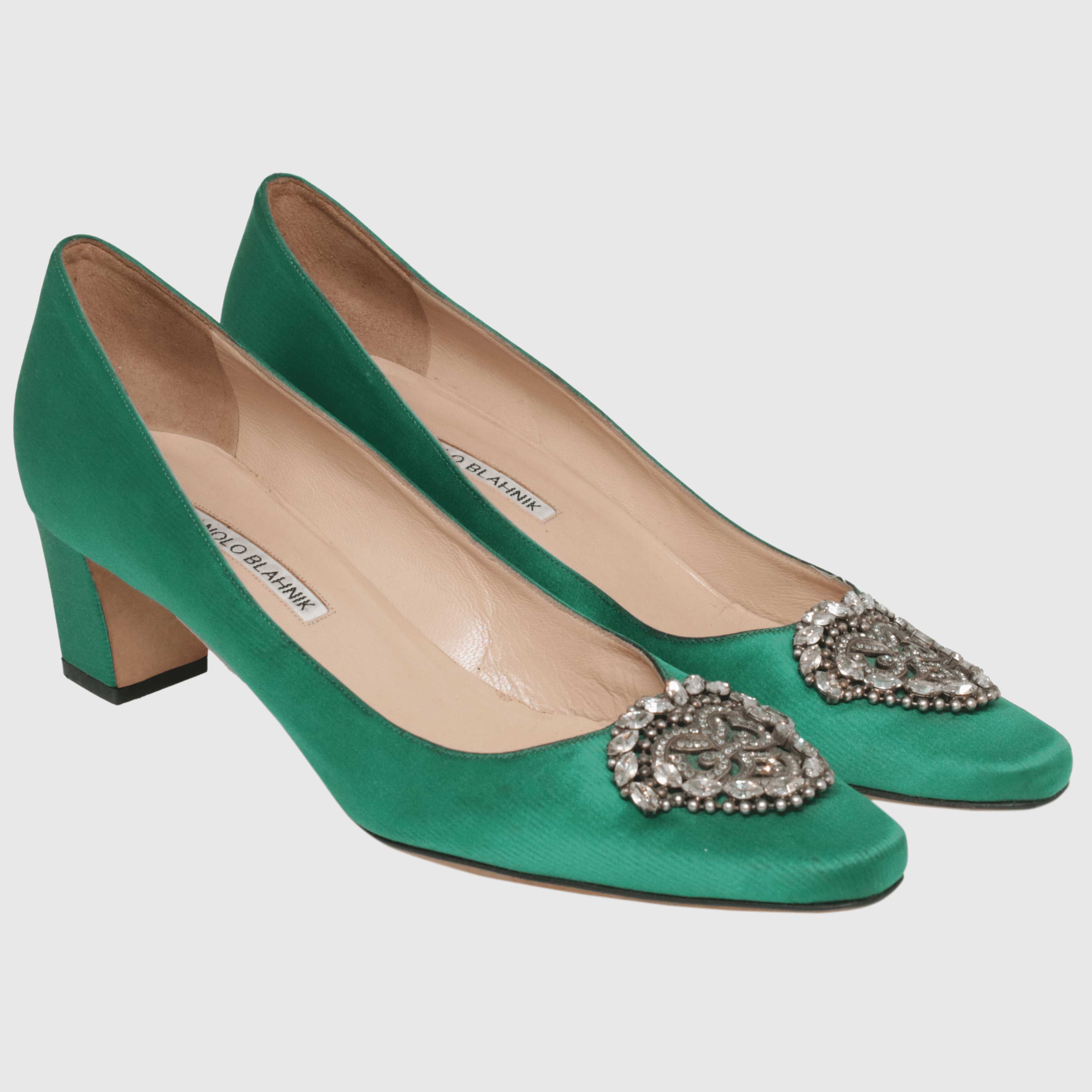 Emerald Green Okkato Crystal Embellished Block Heel Pumps