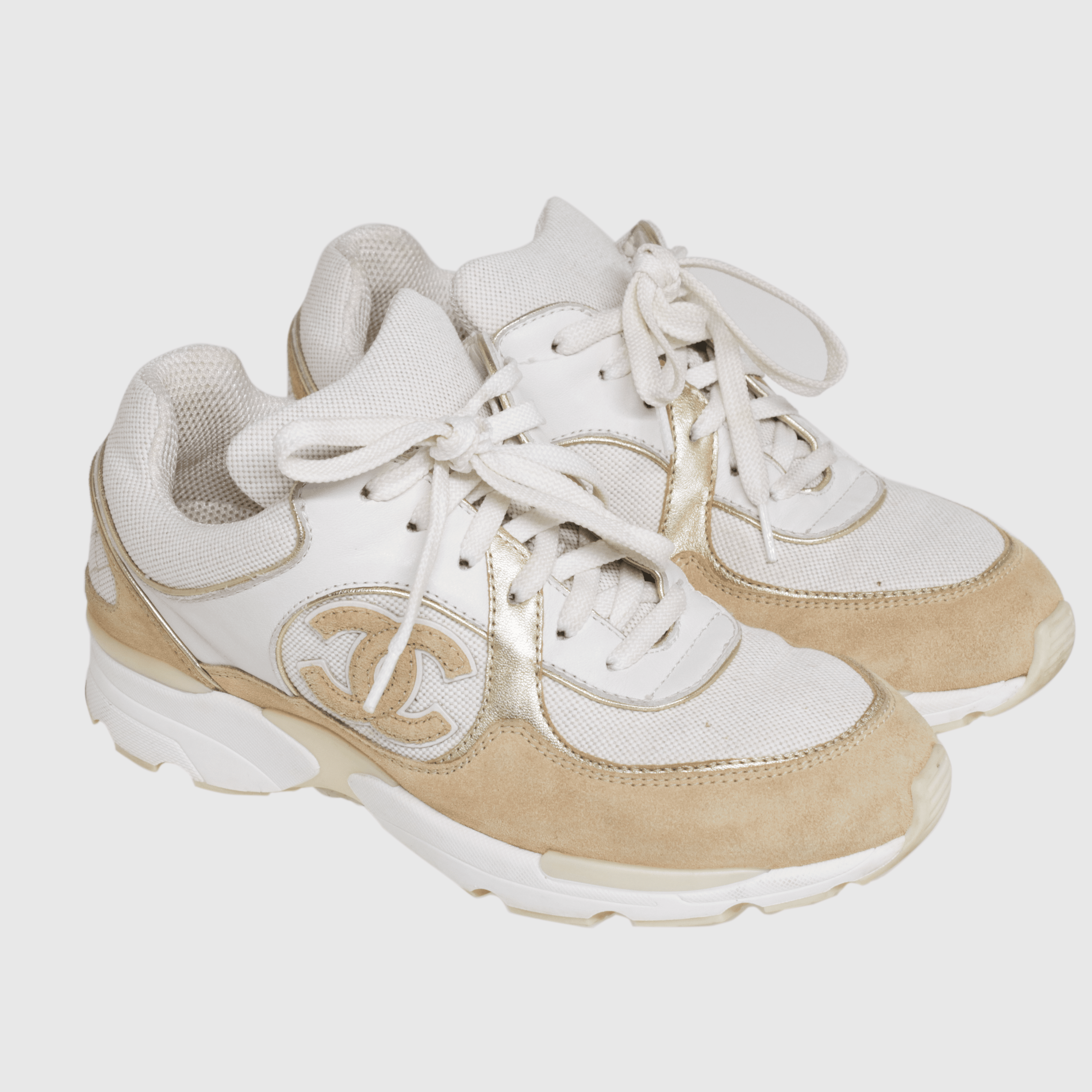 White/Beige Canvas CC Logo Lace Up Sneakers