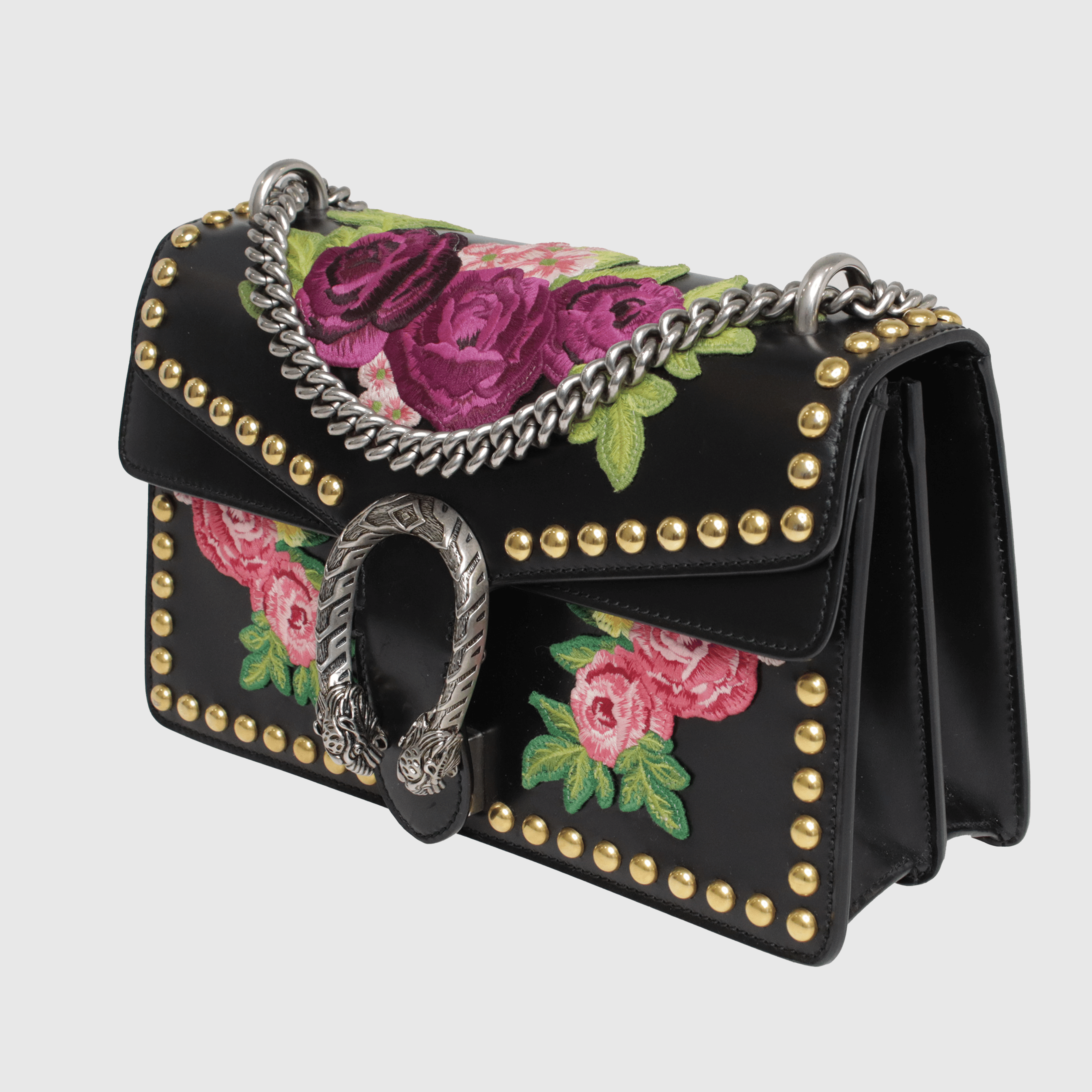 Black Floral Embroidered Studded Dionysus Small Shoulder Bag