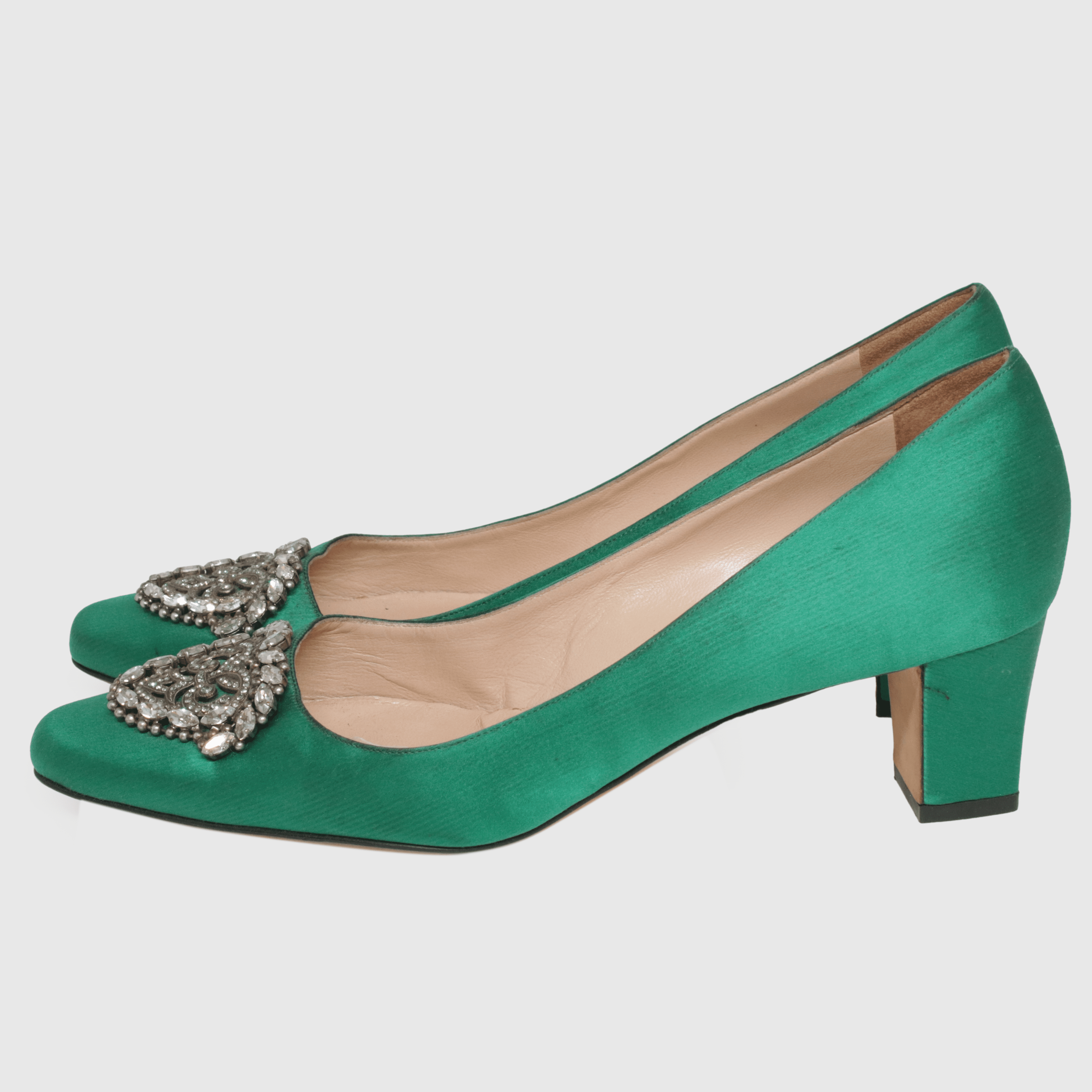 Emerald Green Okkato Crystal Embellished Block Heel Pumps