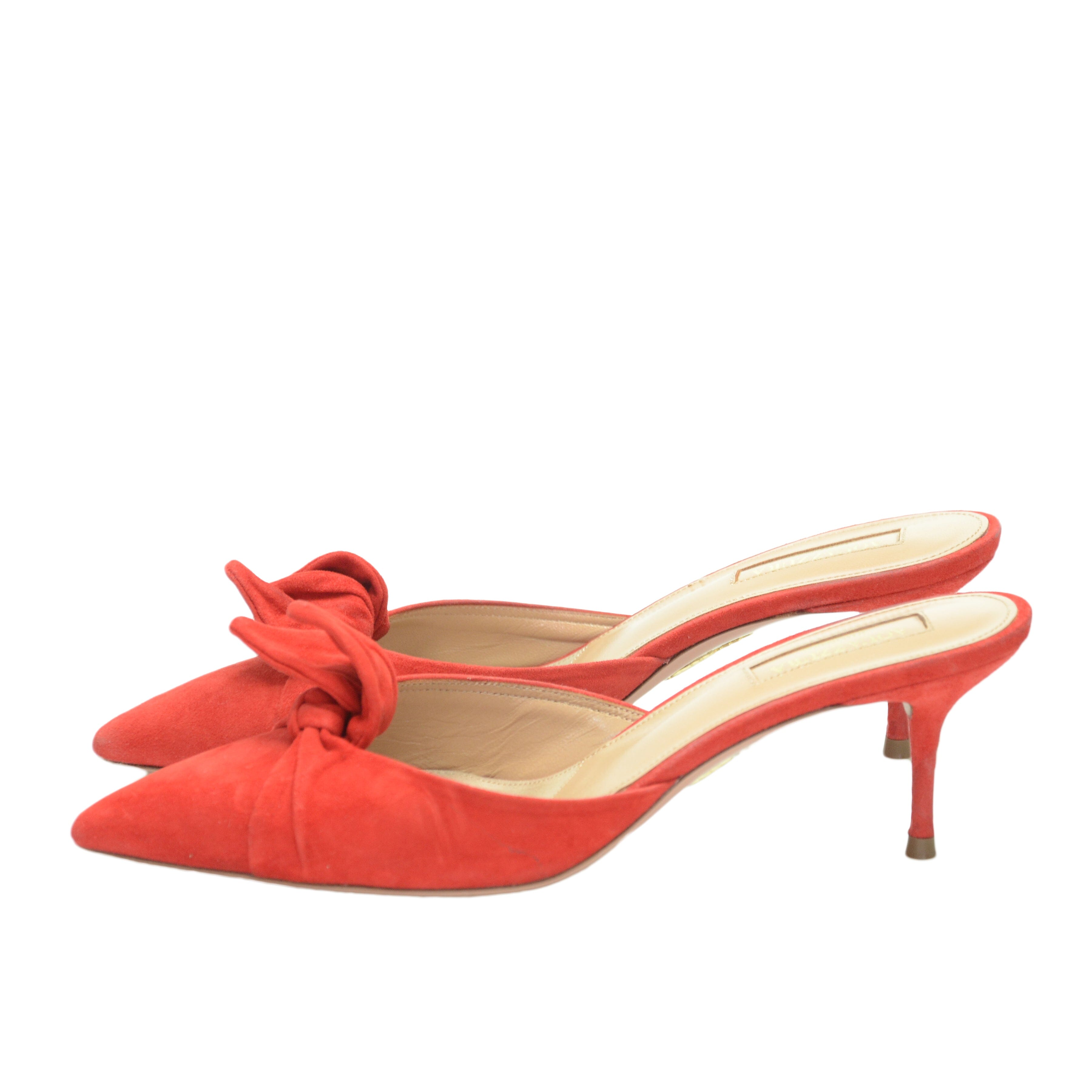 Aquazzura Red Suede Bow Kitten Heel Mules